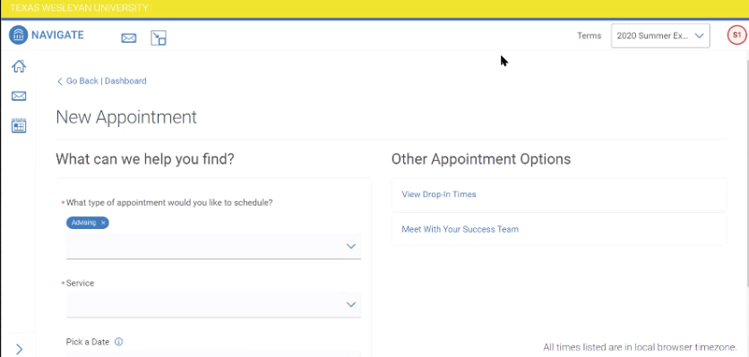 Screen with fields for student to fill out to describe the type of appointment they are looking for along with its date and time