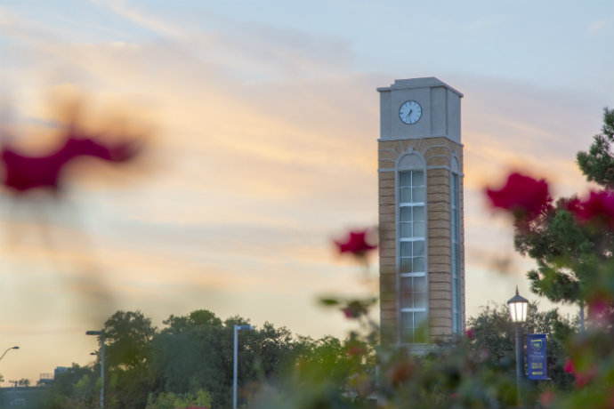 campus clock, clock tower, flowers