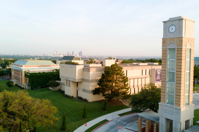 Photo of the Canafax Clocktower, Mcfadden Science Center and exterior of Martin Hall.