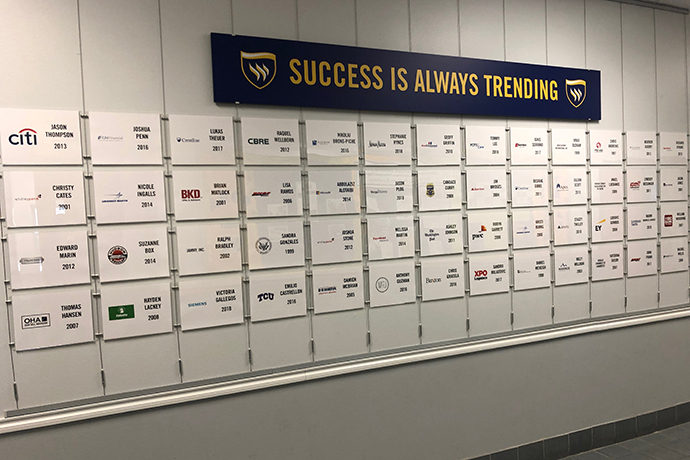 
At Texas Wesleyan University, success is always trending. 

This means that a Texas Wesleyan degree gives students the tools they need to succeed in the next step of their career – whether that is professional employment or graduate studies. 

Now, new displays around campus showcase this success by putting the spotlight on our graduates.
