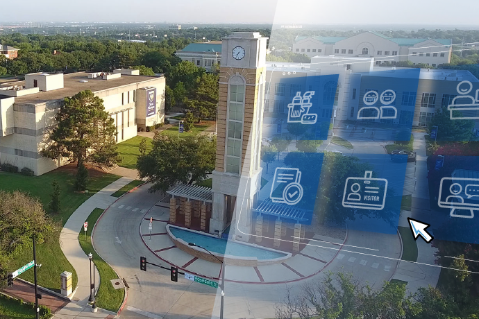 Photo of the TXWES campus with symbols showing different COVID-19-related topics, including cleaning, face coverings and prescreening.