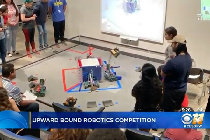 Photo of robots in 2019 TXWES Upward Bound robotics competition from CBS 11's coverage.