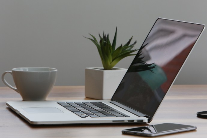Photo of laptop computer sitting on desk with plant, mug and smartphone.