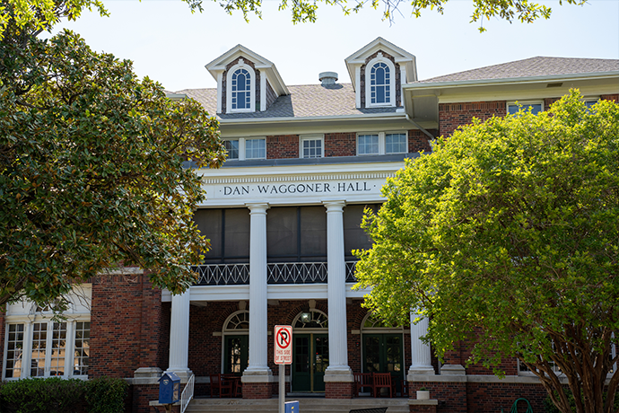 The front of Dan Waggoner Hall on the campus of Texas Wesleyan University