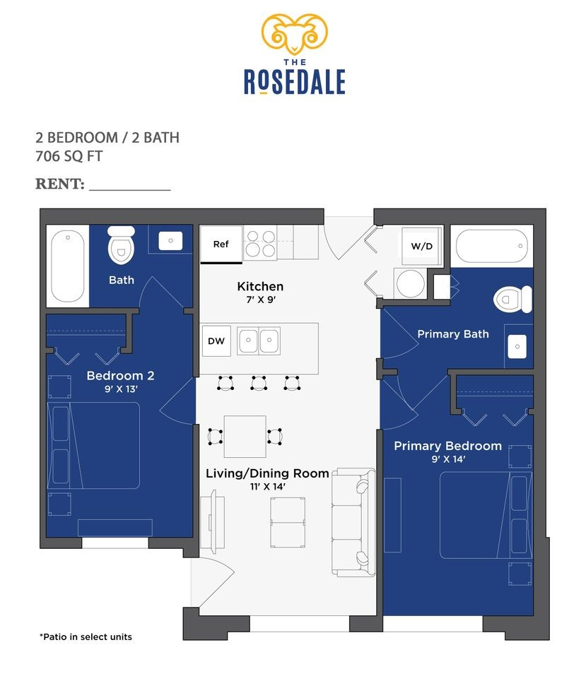 Rosedale 2 bd, 2 ba Floor Plan