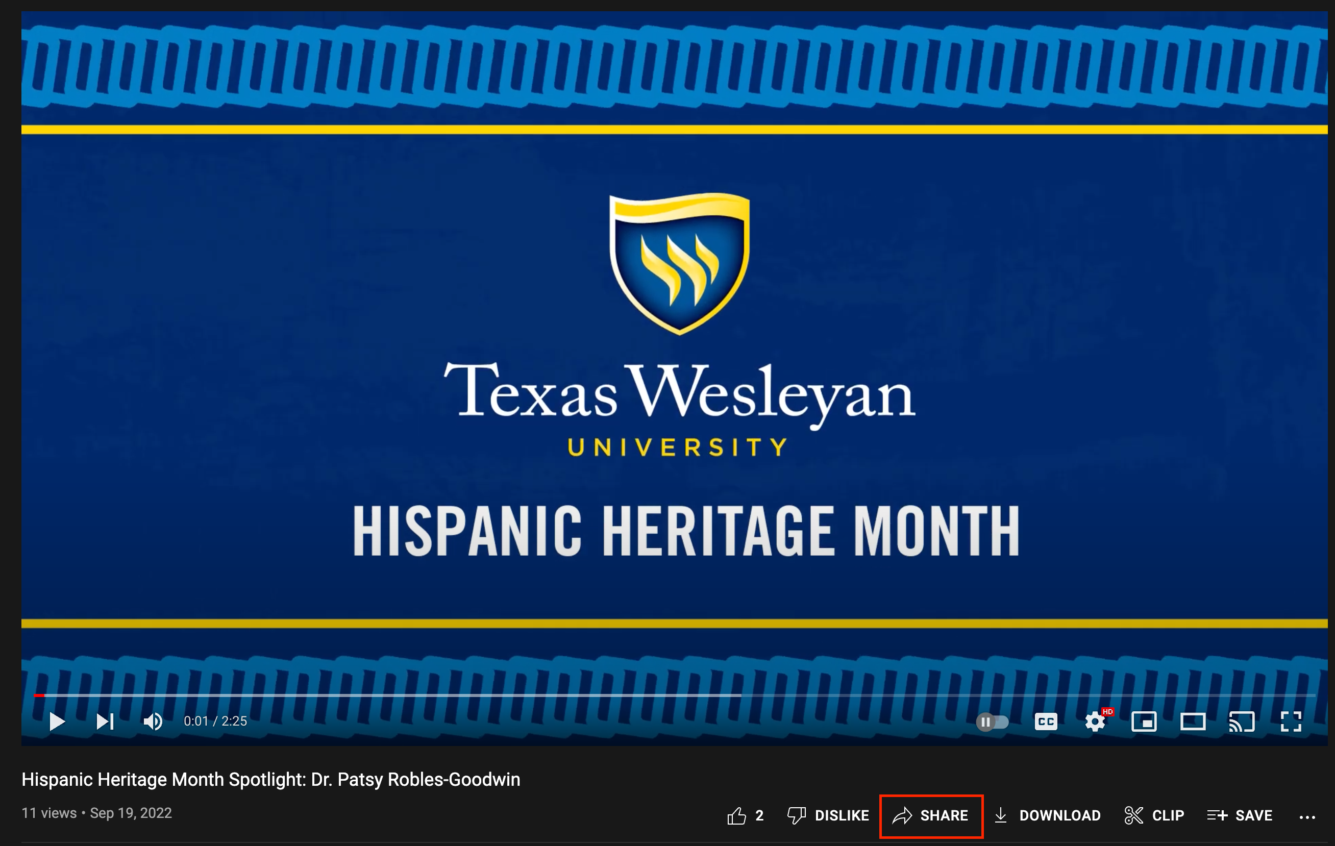 A screenshot showing how to open the share dialog on youtube
