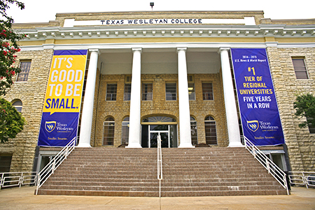 Photo of the Administration building at Texas Wesleyan University.