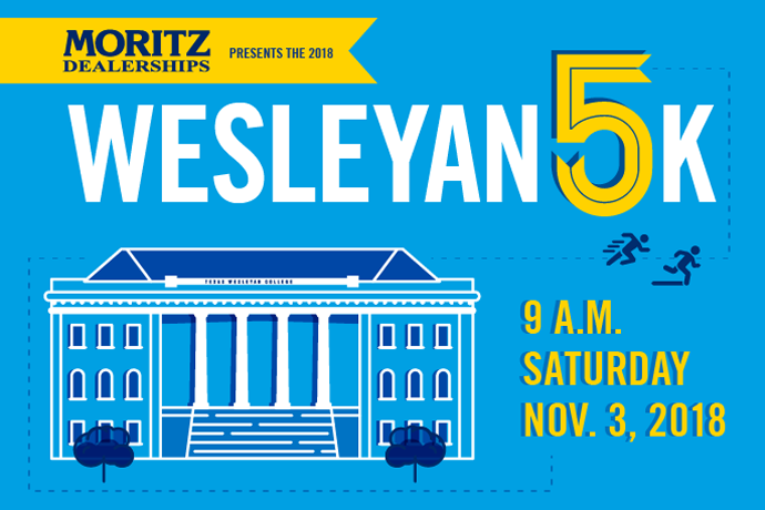 A blue illustration for the Wesleyan 5k showing a drawing of the administration building and the sponsor – Moritz Dealerships