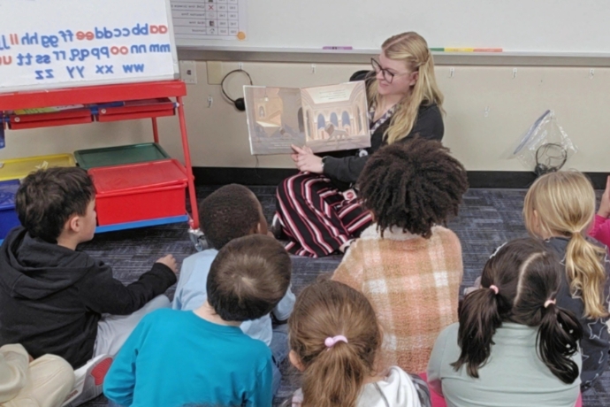 Mrs. Gottschalk Teaching a 1st grade class in small group.