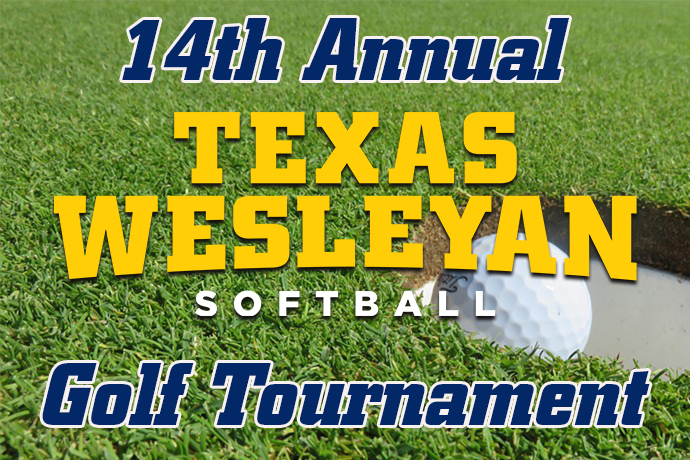 a background picture of a golf ball falling into the cup, with the words '14th Annual Texas Wesleyan Softball Golf Tournament' in the foreground.