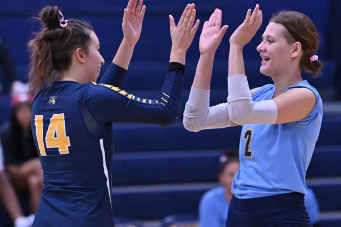 Two Texas Wesleyan volleyball players in uniform high-fiving after a point