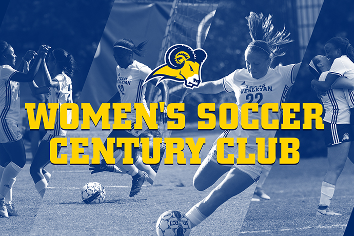 A graphic of selected Lady Ram Soccer players with the words 'Women's Soccer Century Club' displayed in the foreground