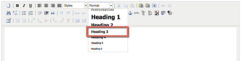 Screenshot of the heading dropdown menu in TerminalFour's Content Management System menu