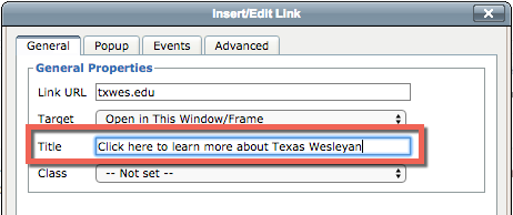 Screenshot of link pop-up window in TerminalFour's Content Management Systems