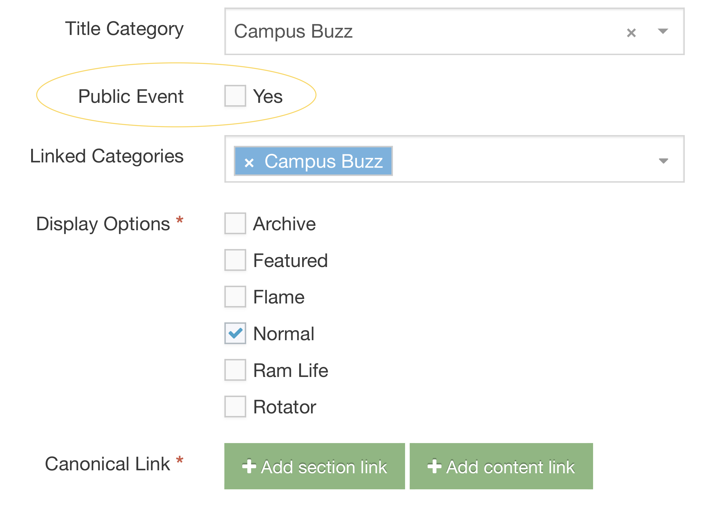TerminalFour news story content type showing example of public events feature
