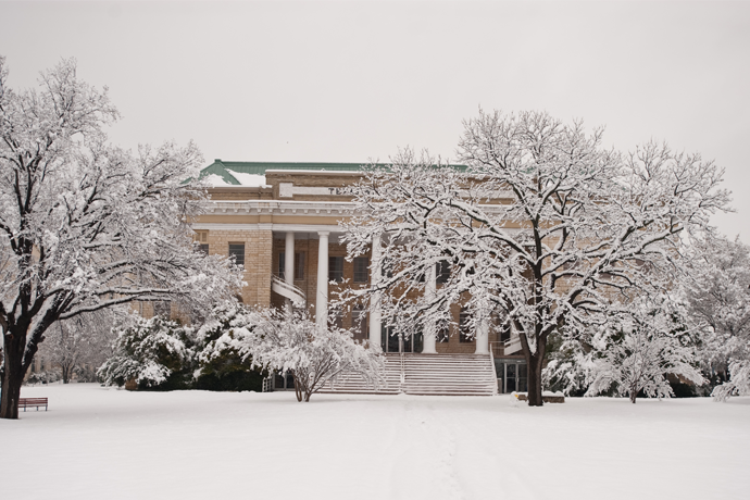 The Administration building covered in snow