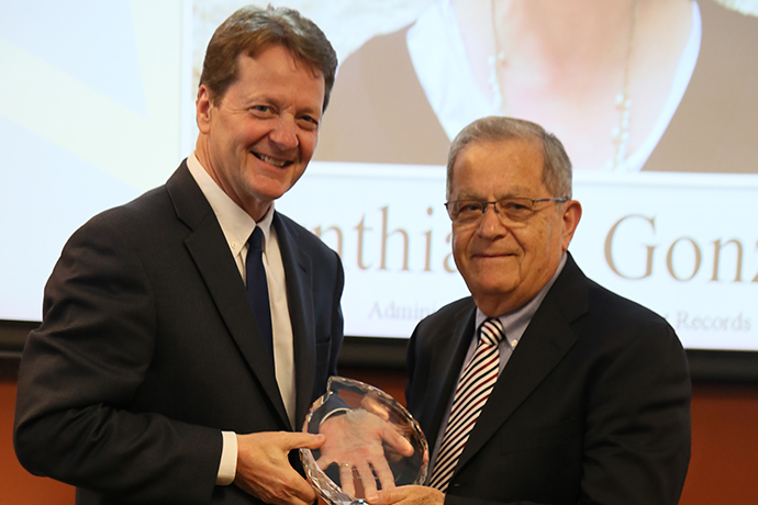 A photo of Texas Wesleyan President Frederick G. Slabach and Political Science Professor Ibrahim Salih at the 2019 Stars of Service event. Salih was honored for his 50 years of service to TXWES