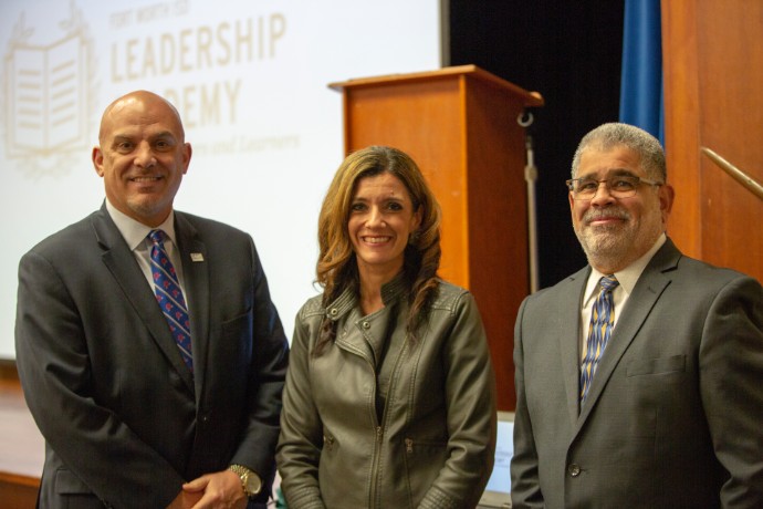 Photo of Fort Worth ISD Superintendent Kent Scribner, Leadership Academy Network Senior Officer Priscila Dilley and TXWES School of Education Dean Carlos Martinez