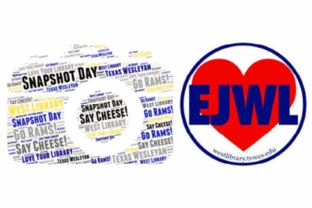 Word cloud in the shape of a camera next to the EJWL inside of a heart logo.