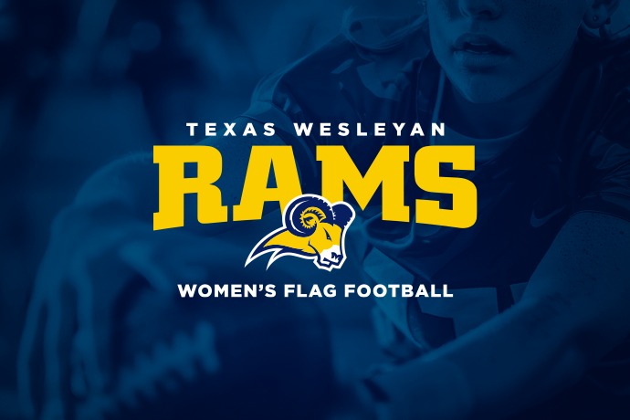 Rams Athletic Logo layered over Darker image of a woman playing football