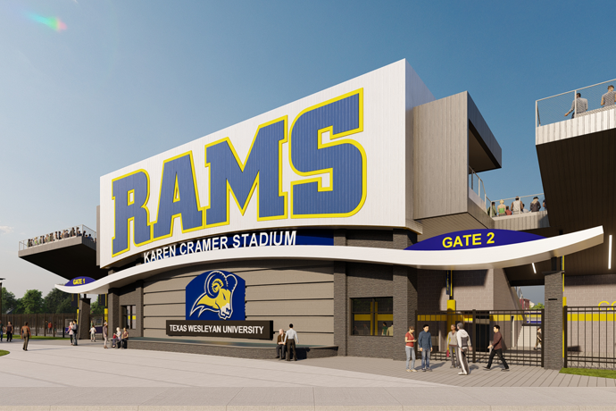 A close rendering of the new Karen Cramer Stadium on the campus of Texas Wesleyan University