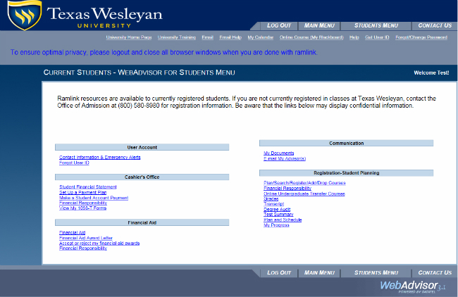 A screenshot of the student menu