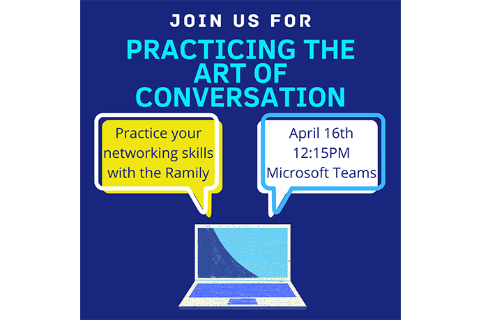 Digital graphic of two speech bubbles coming out from a laptop computer with the event information for Practicing the Art of Conversation event. 