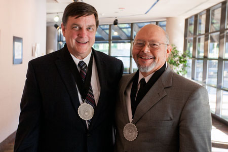 Dr. Tim Bittenbinder, left, and Ricardo Rodriguez, Ph.D., were both inducted to the McLennan Community College Hall of Fame as part of the college's 50th anniversary celebration. Bittenbinder, an anesthesiologist, occasionally speaks to Dr. Rodriguez's DNAP students. Photo credit: Eric Guel