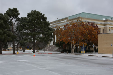 Ice covers the parking lot outside the Oneal-Sells Administration Building.